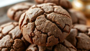 Close-up of freshly baked molasses cookies with crackled sugar coating, stacked slightly overlapping, showing chewy texture and dark brown color, warm kitchen lighting, shallow depth of field