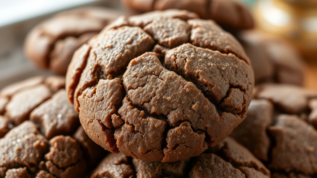 Close-up of freshly baked molasses cookies with crackled sugar coating, stacked slightly overlapping, showing chewy texture and dark brown color, warm kitchen lighting, shallow depth of field