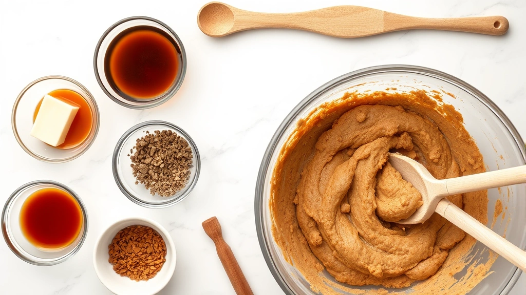 Overhead flat lay of molasses cookie baking process showing ingredients in small bowls (molasses, spices, butter), measuring cups, wooden spoon, and cookie dough in mixing bowl on marble countertop