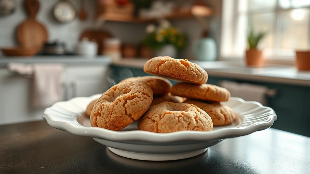 Golden-brown molasses cookies arranged on white ceramic plate with steam rising, cozy vintage kitchen background slightly blurred, natural window light creating warm ambiance
