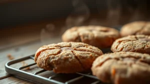 Close-up of warm molasses cookies with crackled cinnamon-sugar tops cooling on a wooden surface, steam gently rising, golden-brown edges visible, natural daylight