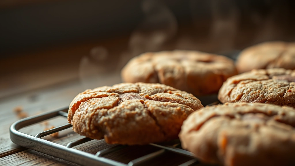Close-up of warm molasses cookies with crackled cinnamon-sugar tops cooling on a wooden surface, steam gently rising, golden-brown edges visible, natural daylight