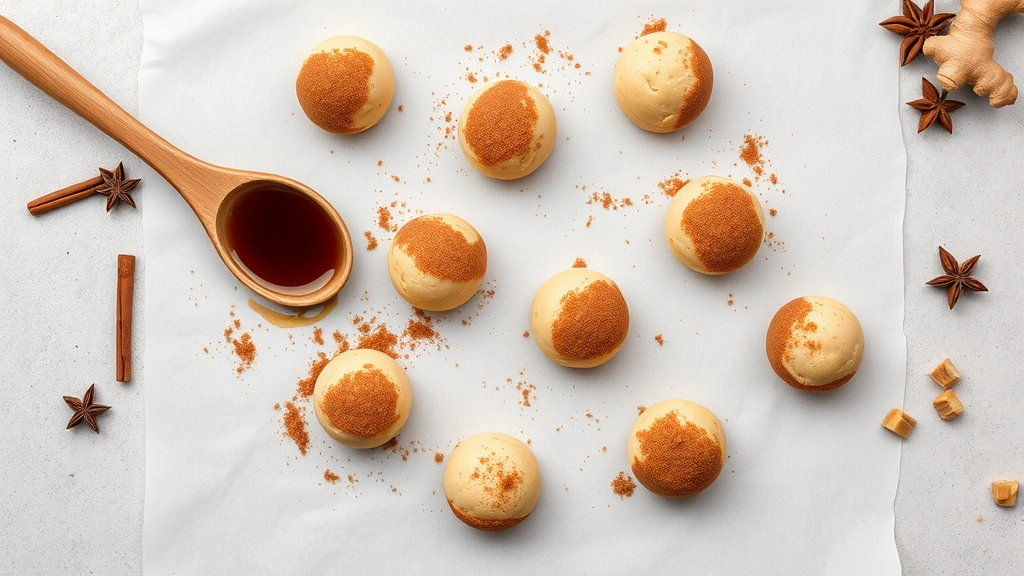 Overhead flat lay of cookie dough balls rolled in cinnamon sugar mixture arranged on parchment paper, wooden spoon with molasses visible, fresh ginger root and spices scattered nearby