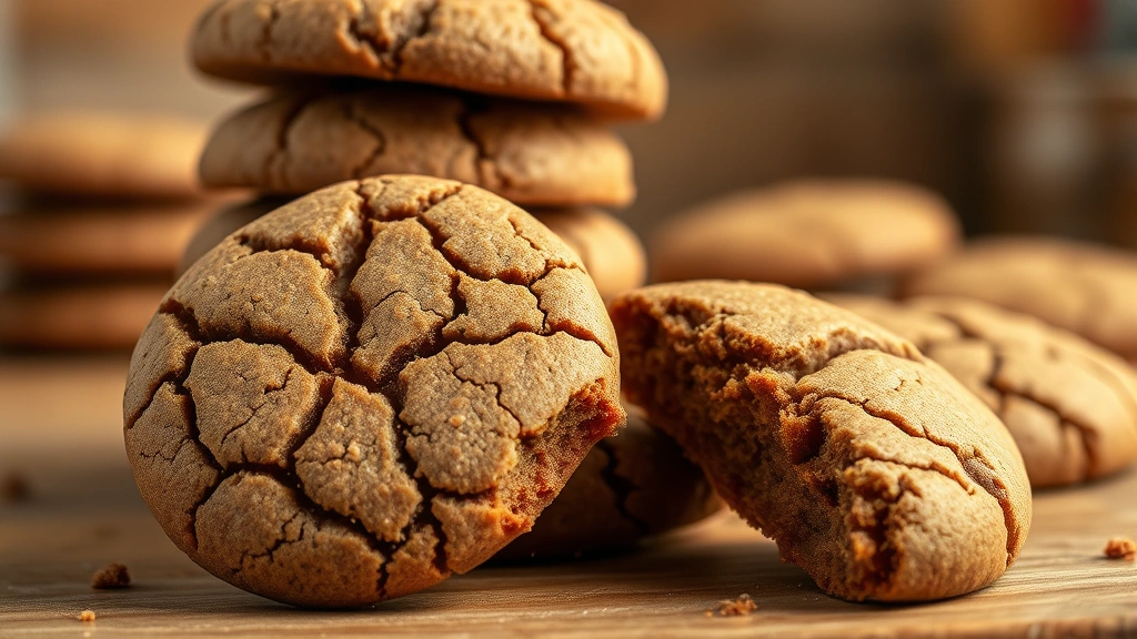 Stacked molasses cookies showing chewy interior texture and crackled exterior surface, one cookie broken in half revealing soft center, warm kitchen lighting, shallow depth of field