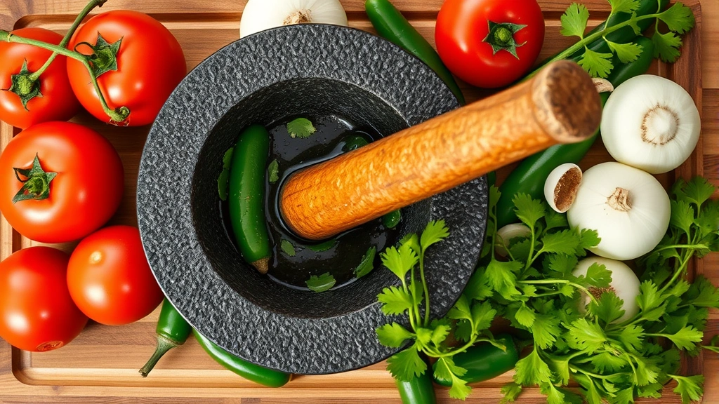 Overhead shot of a dark volcanic stone molcajete with traditional tejolote pestle, surrounded by fresh Roma tomatoes, white onions, jalapeños, and vibrant green cilantro leaves on a rustic wooden cutting board, natural daylight