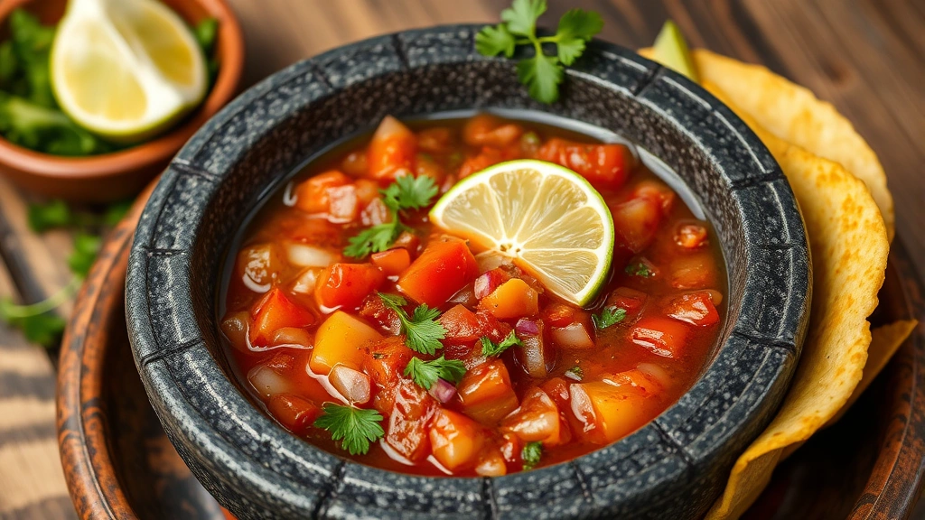 Finished molcajete salsa in a traditional volcanic stone bowl, displaying chunky texture with visible tomato pieces, cilantro leaves, and onion bits, garnished with lime wedge, served alongside warm corn tortillas on a rustic clay plate
