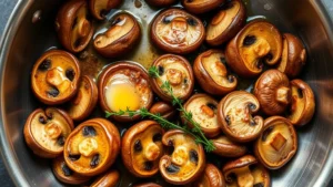 Overhead shot of golden-brown sautéed morel mushroom halves in a stainless steel skillet with melted butter and fresh thyme sprigs, vibrant green herbs visible, professional kitchen lighting