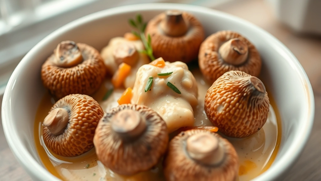 Close-up of creamed morel mushrooms in a white ceramic bowl with silky sauce coating honeycomb texture, fresh tarragon garnish, soft natural window lighting, shallow depth of field