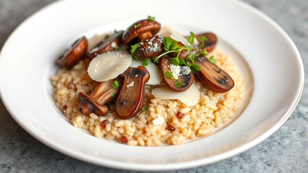 Plated fine dining presentation of morel mushroom risotto with sautéed morels arranged artfully, grated Parmigiano-Reggiano shavings, microgreens garnish, restaurant-quality composition with elegant white plate