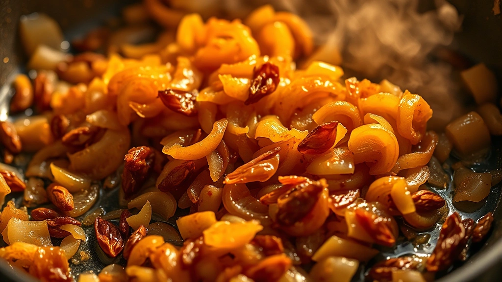Close-up of golden-brown caramelized onions in a heavy-bottomed pan with cumin seeds and dried red chilies scattered nearby, steam rising, warm golden lighting, shallow depth of field