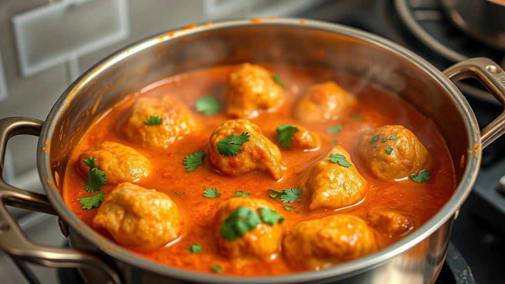Creamy murgh curry simmering in a traditional copper or stainless steel pot, tender chicken pieces coated in rich tomato-based sauce with fresh cilantro garnish, aromatic steam visible, professional kitchen lighting, side angle view