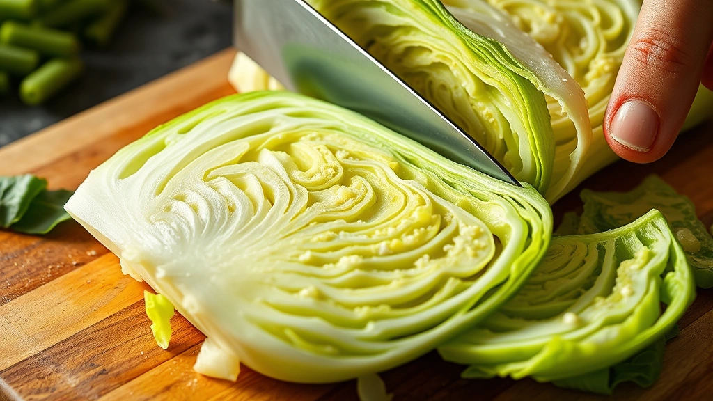 Close-up of vibrant napa cabbage being sliced on a wooden cutting board with a sharp chef's knife, light streaming across fresh green leaves showing texture and moisture