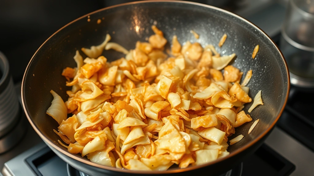 High-heat wok with golden-brown napa cabbage pieces actively stir-frying, oil glistening, steam rising, garlic and ginger visible mid-toss, professional kitchen setting