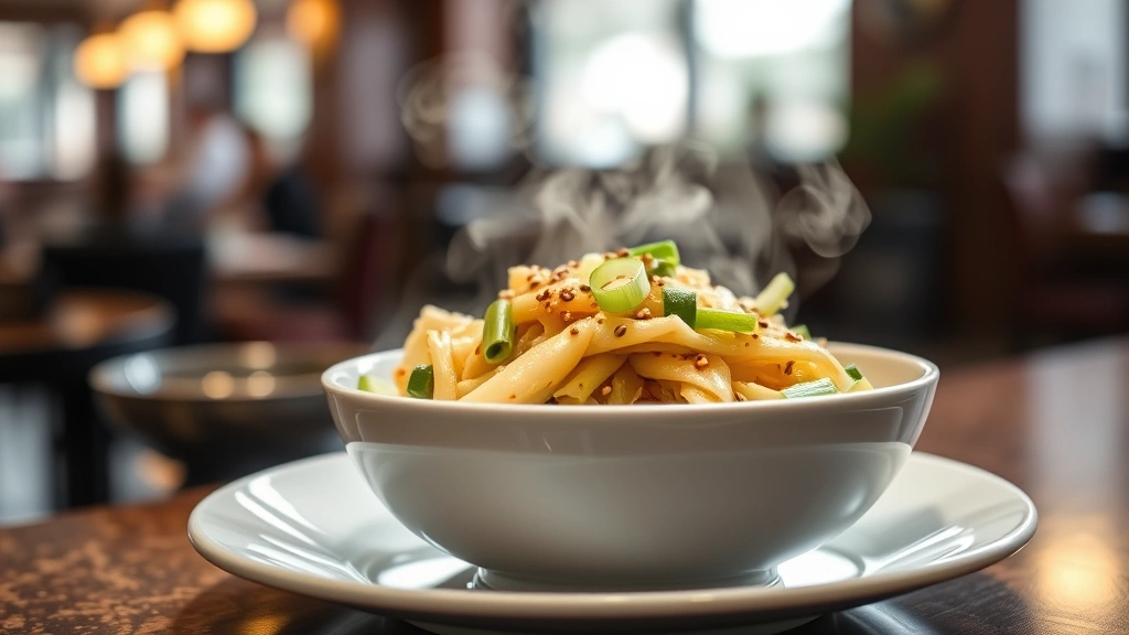Plated napa cabbage stir-fry in white ceramic bowl garnished with sliced scallions and sesame seeds, steam rising, background blurred with soft lighting showing restaurant presentation