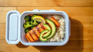 Professional overhead shot of a vibrant meal prep container with grilled salmon fillet, roasted broccoli florets, wild rice, and sliced avocado, garnished with fresh lemon wedge, natural daylight, wooden surface background