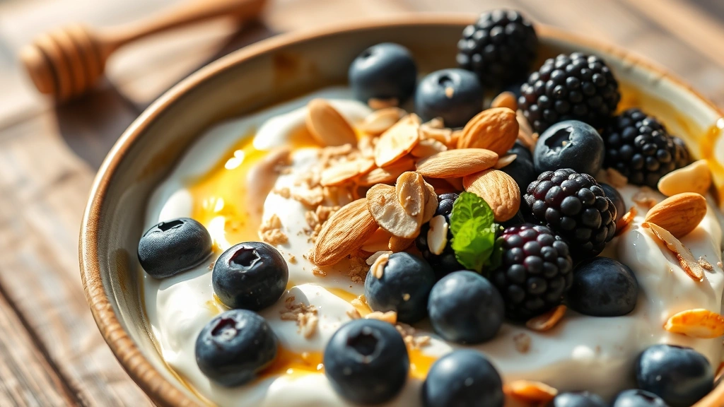 Close-up of a colorful breakfast bowl featuring Greek yogurt topped with fresh blueberries, blackberries, sliced almonds, ground flaxseed, and drizzle of raw honey, morning sunlight, ceramic bowl, rustic wooden table