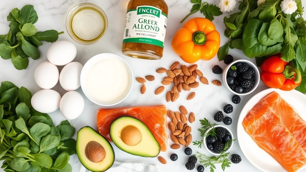 Flat lay of healthy ingredients arranged artfully: whole eggs, fresh spinach, bell peppers, wild-caught salmon fillet, Greek yogurt container, avocado halves, almonds, berries, olive oil bottle, and fresh herbs on marble countertop