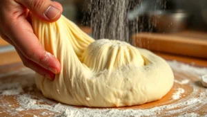 Close-up of stretchy, well-developed pizza dough with visible gluten strands during hand mixing, flour dusting the surface, warm kitchen lighting