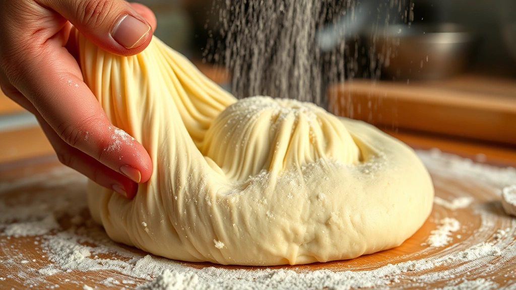 Close-up of stretchy, well-developed pizza dough with visible gluten strands during hand mixing, flour dusting the surface, warm kitchen lighting