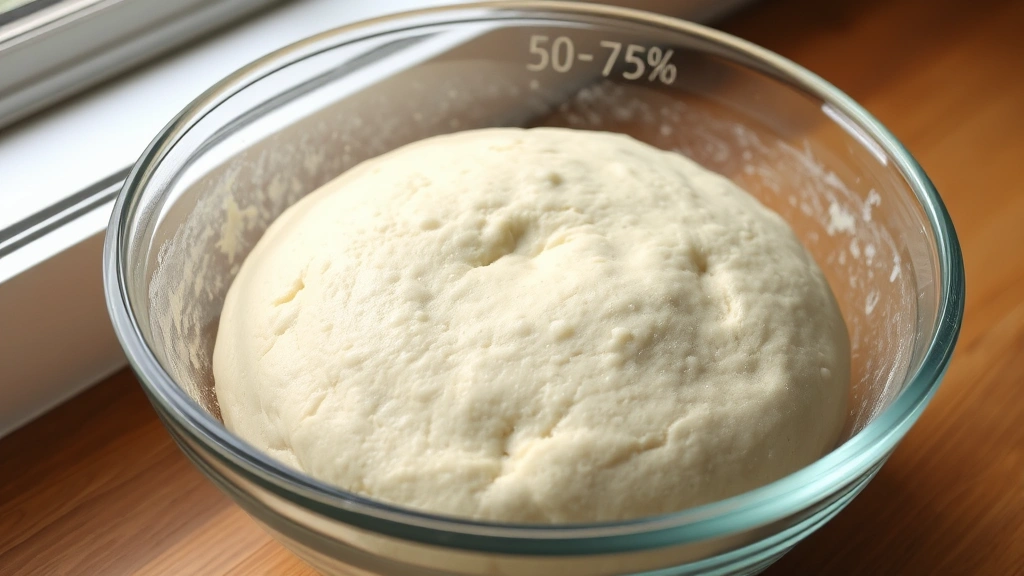 Bulk fermenting Neapolitan dough in a glass bowl showing 50-75% volume increase with visible bubbles on surface, natural light from window highlighting dough texture
