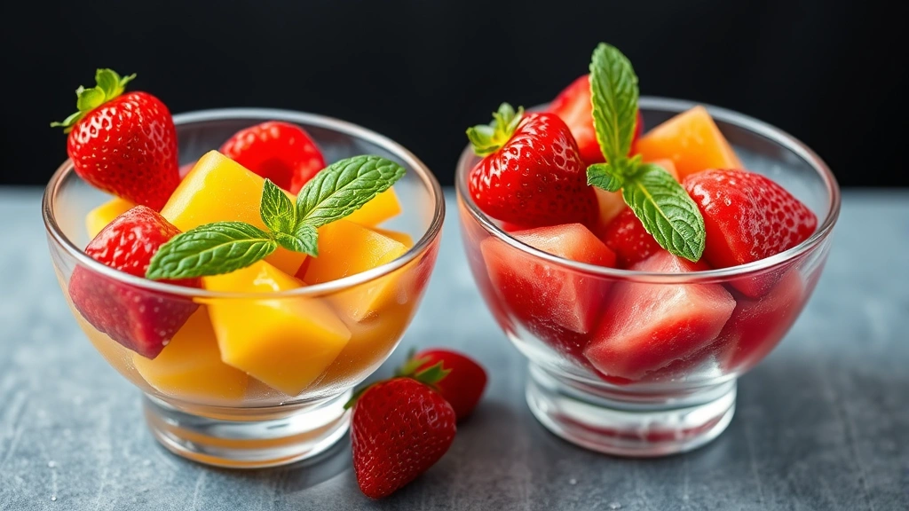 Vibrant strawberry and mango sorbet in glass bowls, freshly processed, with condensation on bowl exterior, garnished with fresh berries and mint leaves