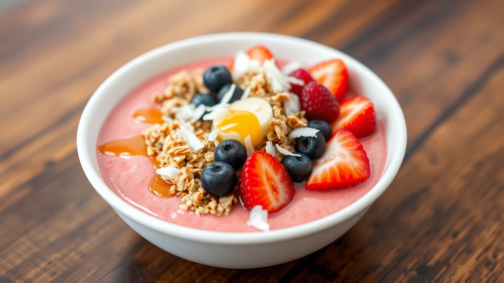 Colorful tropical smoothie bowl topped with granola, coconut flakes, fresh berries, and honey drizzle, served in a white ceramic bowl on wooden table