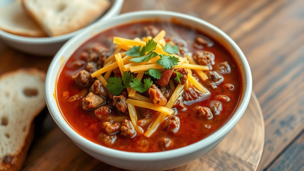 Steaming bowl of rich, dark reddish-brown chili with glossy meat sauce, topped with melted cheddar cheese and fresh cilantro, served in a white ceramic bowl on a wooden table with bread beside it