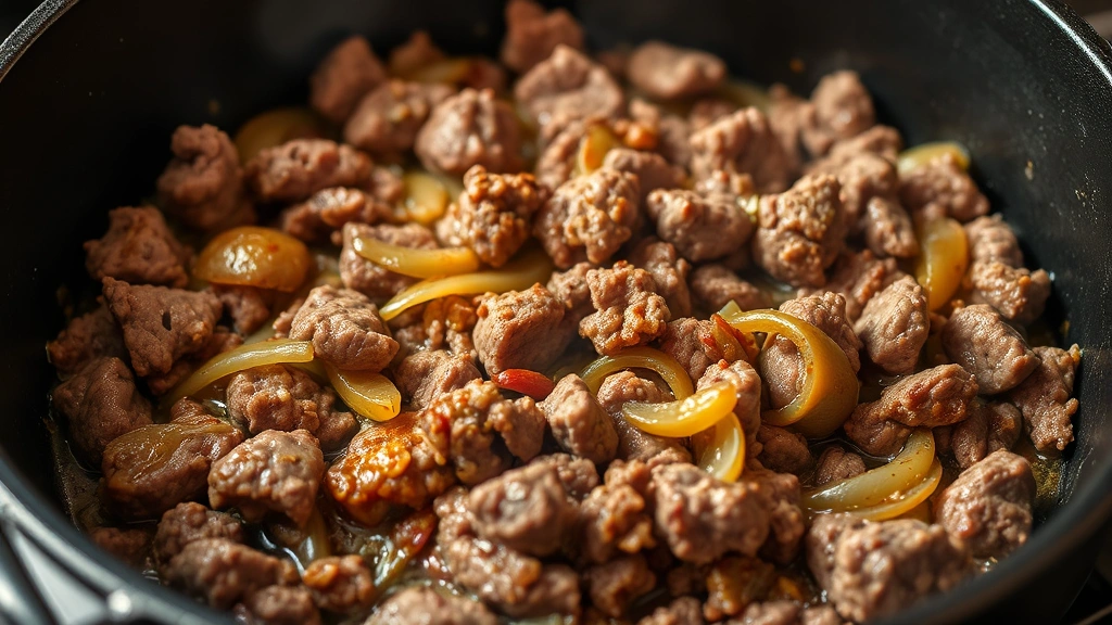 Close-up of ground beef browning in a cast iron Dutch oven with caramelized onions and visible spice particles, steam rising, professional kitchen lighting