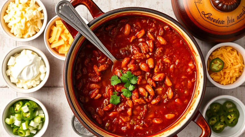 Overhead shot of finished chili in a rustic pot with spoon, surrounded by topping ingredients in small bowls including shredded cheese, sour cream, diced onions, and jalapeños, garnished with cilantro