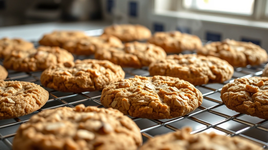 Close-up of freshly baked oatmeal cookies cooling on wire rack, golden-brown edges with soft centers, warm kitchen lighting, steam rising slightly