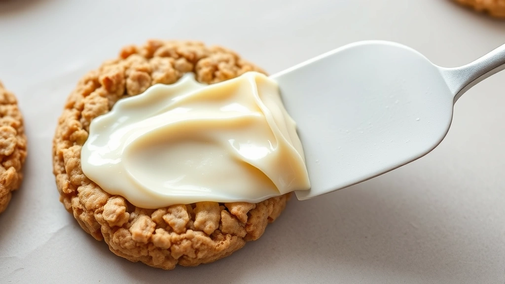 Creamy vanilla filling being spread between two oatmeal cookies with offset spatula, filling visible at edges, professional baking setting, soft natural light