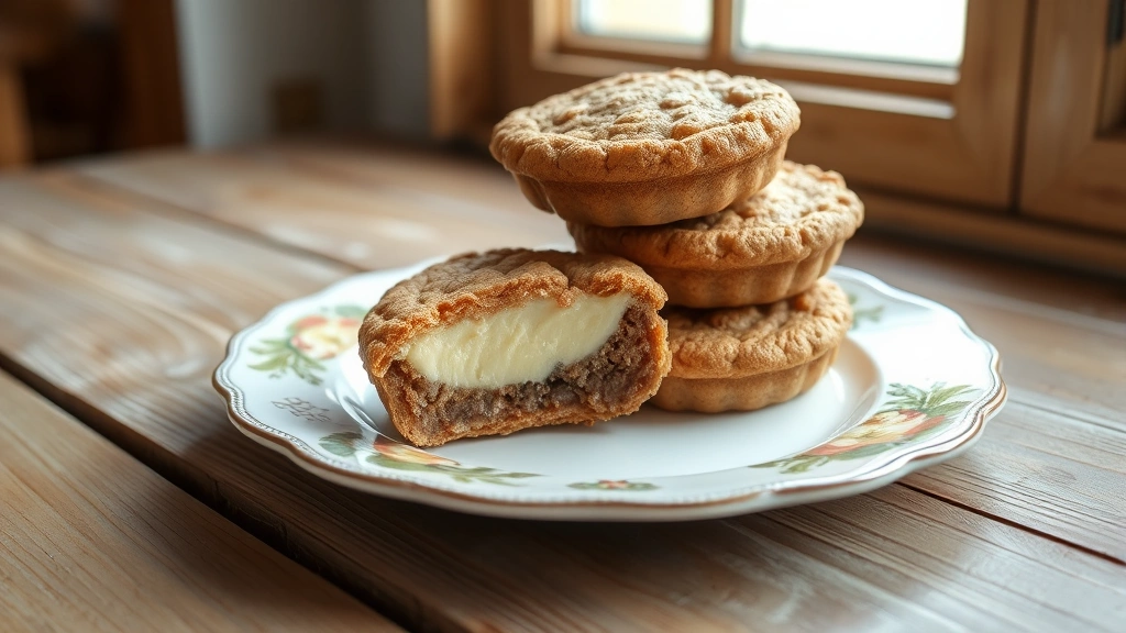 Finished homemade oatmeal cream pies stacked on ceramic plate with vintage design, showing cross-section with creamy filling center, rustic wooden table background, natural window light