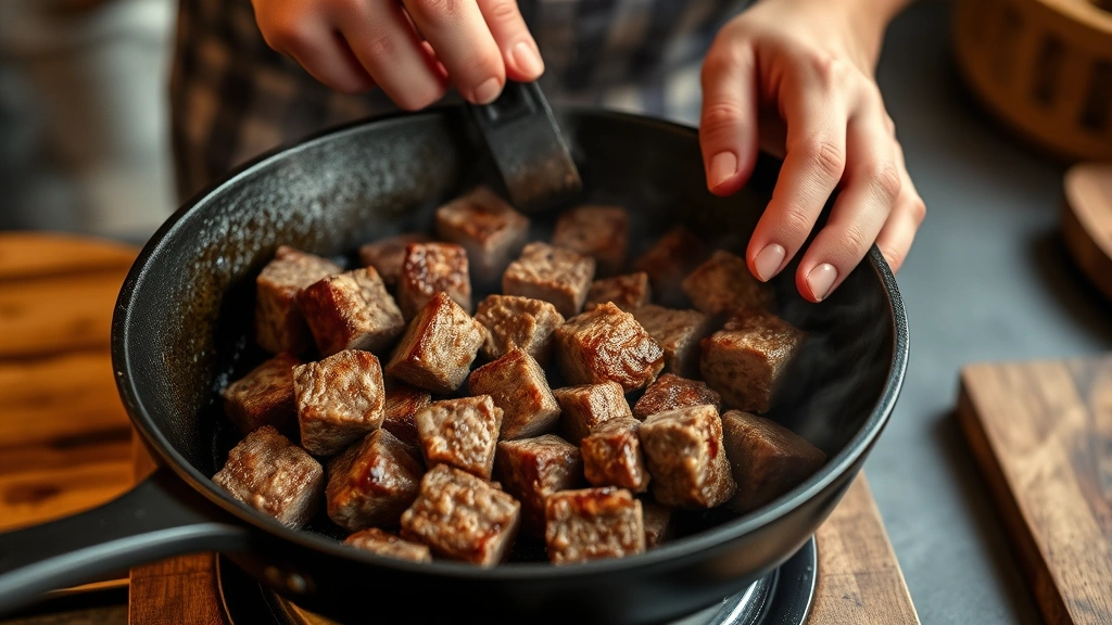 Close-up of hands searing beef in a cast iron skillet with steam rising, showing golden-brown crust forming on meat cubes, warm kitchen lighting, rustic wooden cutting board visible nearby