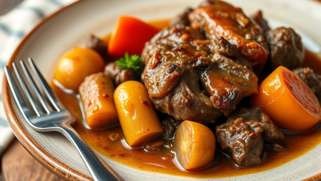 Finished plated comfort food meal showing tender braised meat with root vegetables and sauce, rustic ceramic plate, fork positioned nearby, warm ambient lighting, homestyle presentation