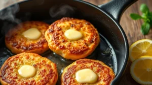 Golden-brown salmon patties sizzling in a cast-iron skillet with melted butter, steam rising, fresh lemon wedges beside the pan, professional food photography lighting