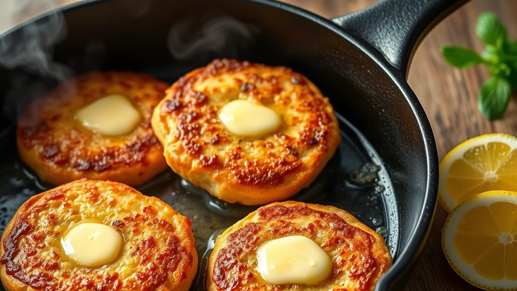 Golden-brown salmon patties sizzling in a cast-iron skillet with melted butter, steam rising, fresh lemon wedges beside the pan, professional food photography lighting