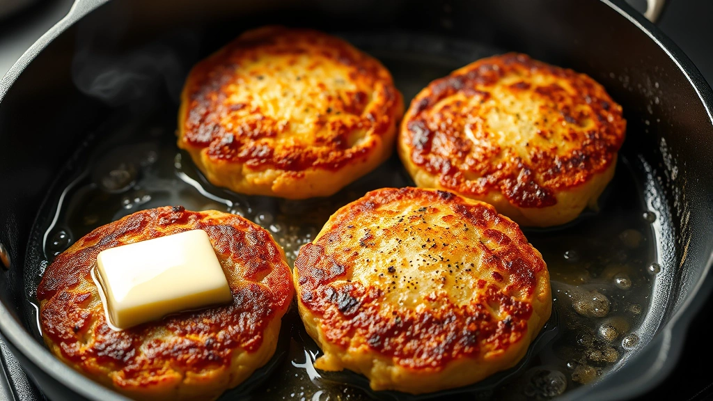 Golden-brown salmon patties sizzling in cast iron skillet with melting butter, steam rising, crispy edges visible, professional food photography lighting
