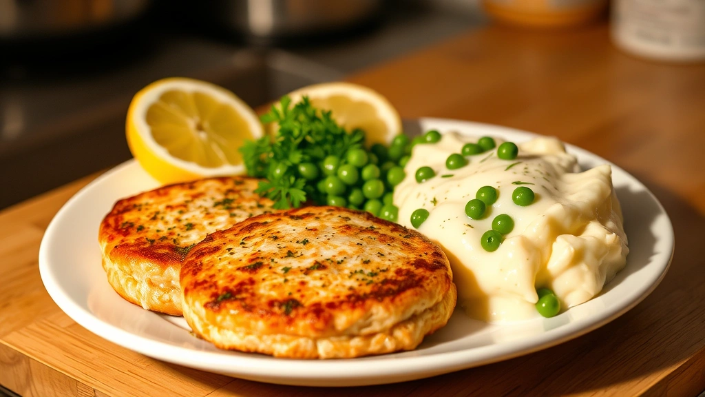 Freshly cooked salmon patties arranged on a white plate with creamed peas, mashed potatoes, and a lemon wedge, garnished with fresh parsley, warm kitchen lighting