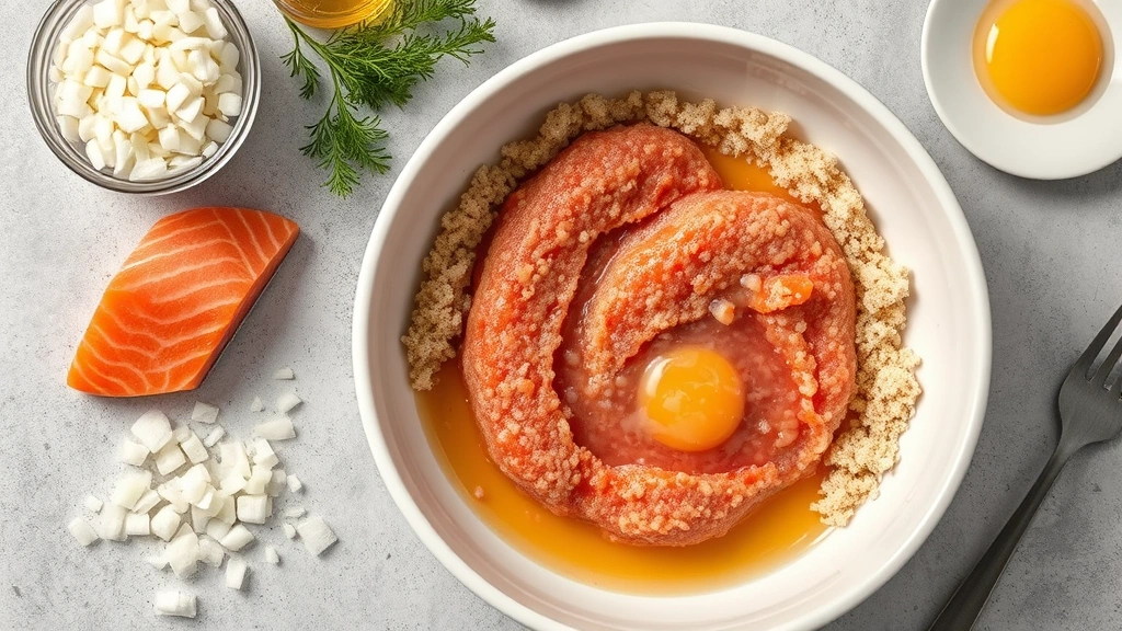 Overhead flat lay of raw salmon patty mixture in white bowl with eggs, breadcrumbs, diced onions, and canned salmon nearby, natural daylight