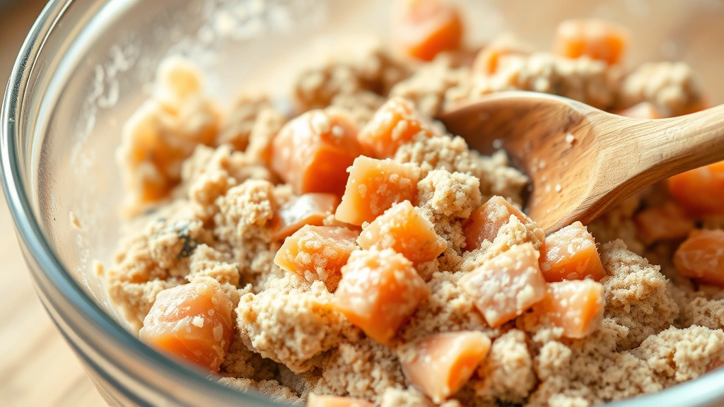 Close-up of raw salmon patty mixture in a glass bowl showing texture with flaked salmon pieces and breadcrumbs, wooden spoon resting in bowl, natural daylight