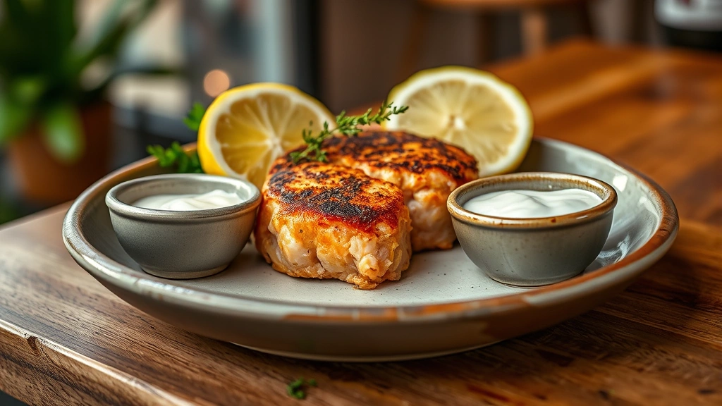 Plated salmon patty served on rustic ceramic plate with fresh lemon wedge, tartar sauce in small bowl, delicate herb garnish, warm indoor lighting