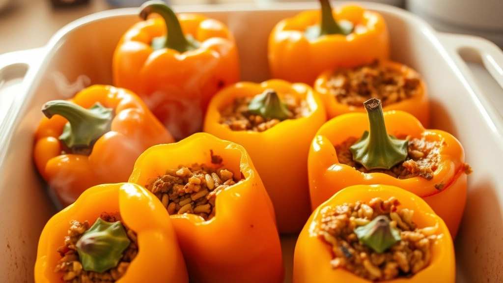Golden-brown stuffed bell peppers with ground beef and rice filling visible inside, fresh peppers arranged in ceramic baking dish, steam rising, warm kitchen lighting