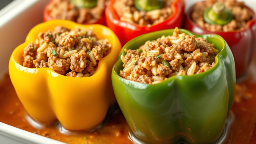 Vibrant multicolored bell peppers filled with seasoned ground beef and rice mixture, steam rising, baking dish with sauce