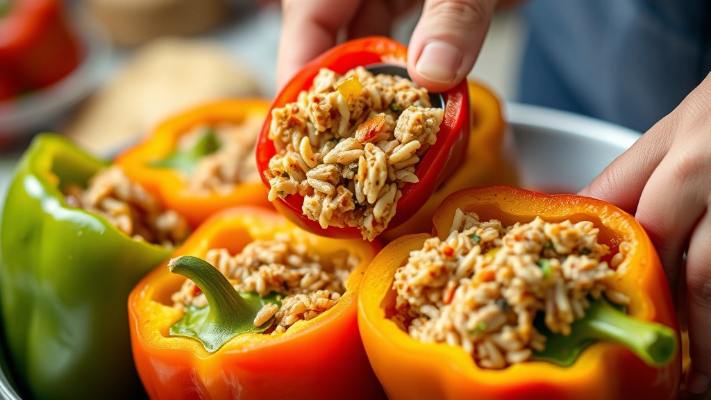 Close-up of colorful bell peppers being filled with seasoned meat and rice mixture, cook's hands spooning filling into halved red pepper, ingredients in soft focus background