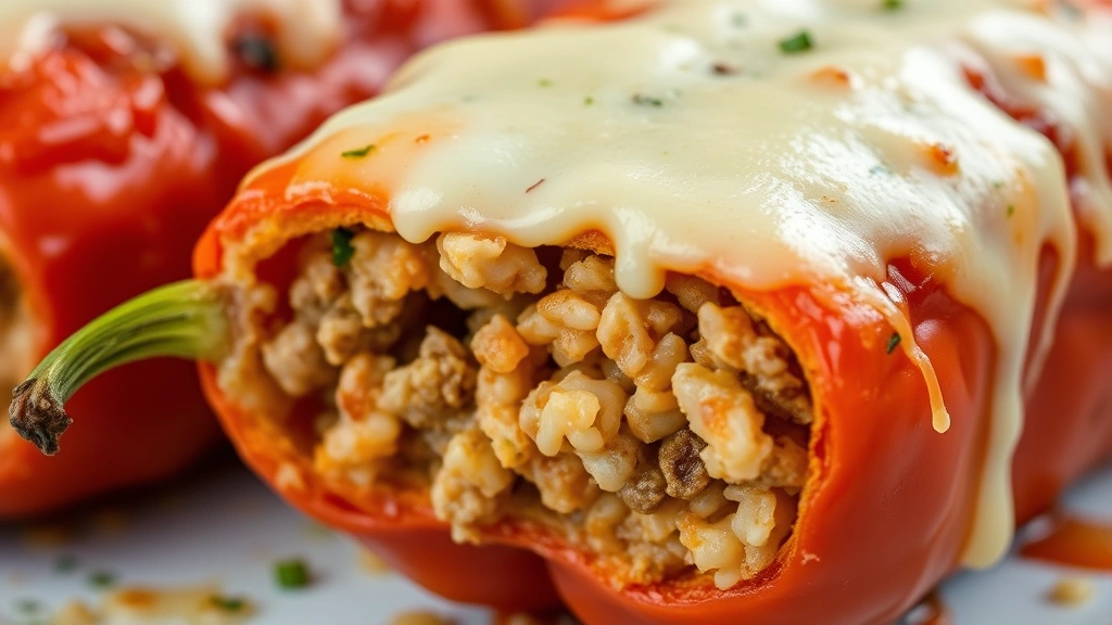 Close-up of cooked stuffed pepper with melted cheese topping, cross-section showing tender rice and meat filling inside