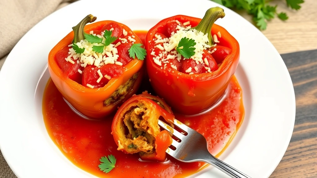 Finished stuffed peppers on white dinner plate, garnished with fresh parsley and grated cheese, rich tomato sauce pooled around peppers, fork ready to cut into pepper