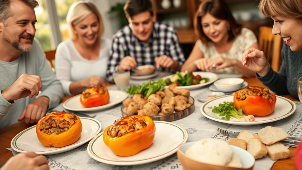 Family gathering around dinner table with plates of golden-brown stuffed peppers, fresh salad and bread visible, warm dining ambiance
