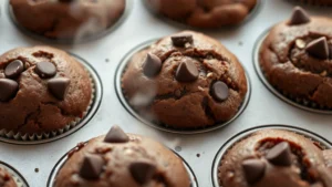 Close-up overhead shot of freshly baked chocolate muffins in a muffin tin, some with chocolate chips on top, steam rising slightly, warm golden-brown color visible, professional bakery lighting, shallow depth of field