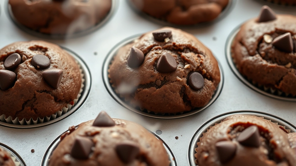 Close-up overhead shot of freshly baked chocolate muffins in a muffin tin, some with chocolate chips on top, steam rising slightly, warm golden-brown color visible, professional bakery lighting, shallow depth of field