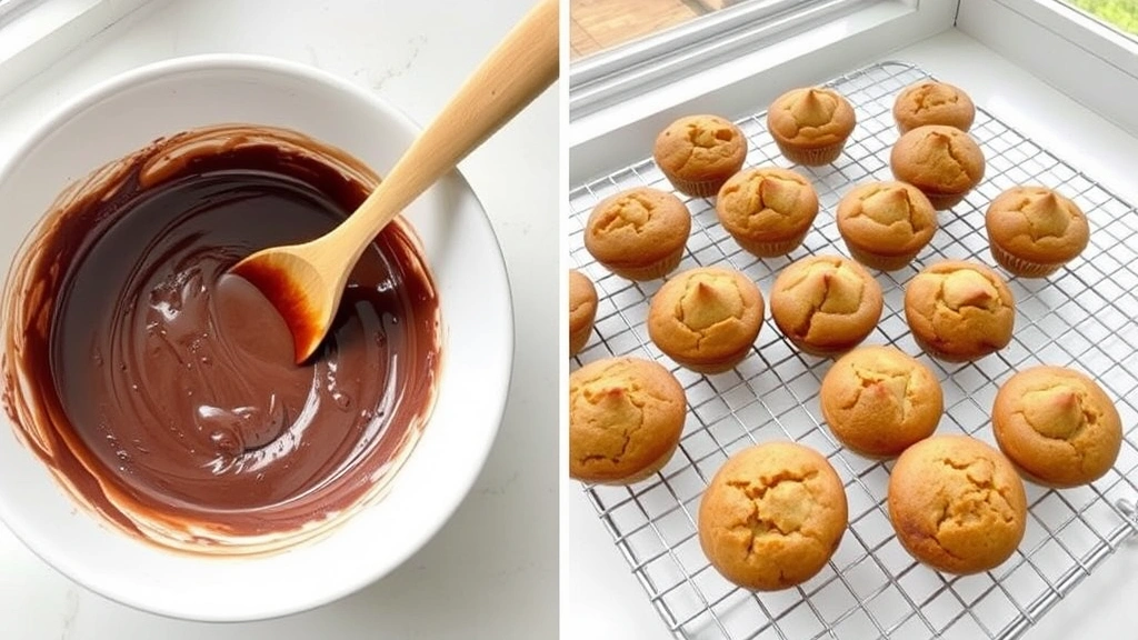 Split-screen comparison showing chocolate batter being folded in a white bowl with a wooden spoon on one side, and finished golden-brown muffins cooling on a wire rack on the other side, natural window lighting